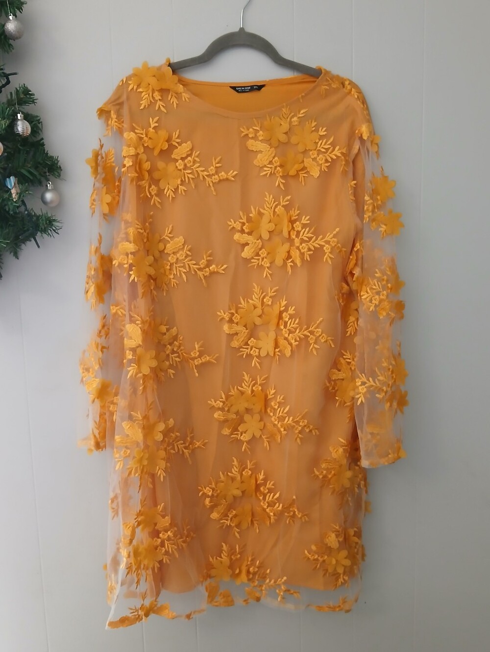 SHEIN Yellow 3D Floral Appliqué Long Sleeve Dress